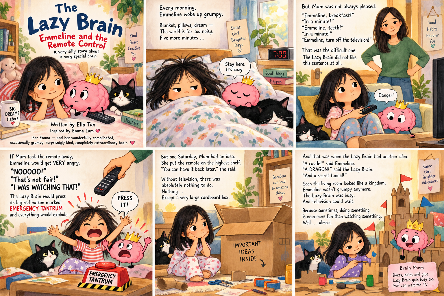 Concept artwork for The Lazy Brain showing Emmeline, her mother, the Lazy Brain and their cardboard adventure