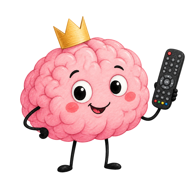 The Lazy Brain character waving a remote control